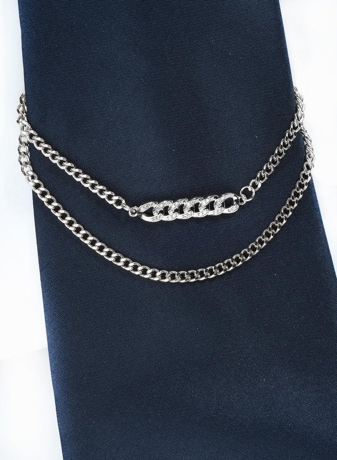 VVCome Men's Classic Tie Chain with Decorative Charm, Cravat Collar Pin and Link Style Tie Clip Set, Gift Box Included(Silver-Tone CZ Chain) - Image 5